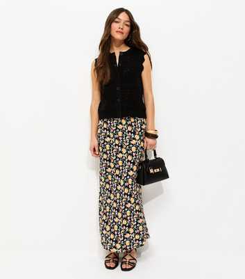 Petite Black Fruit Print Bias Cut Midi Skirt
