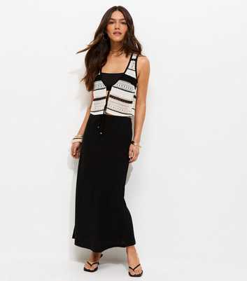 Petite Black Linen Look Bias Cut Tie Waist Midi Skirt