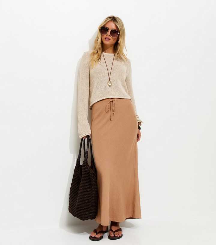 Petite Tan Linen Look Bias Cut Tie Waist Midi Skirt