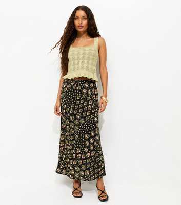 Petite Black Floral Print Bias Cut Midi Skirt