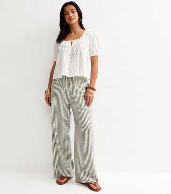 Petite Cream Seersucker Striped Wide Leg Trousers
