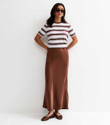 Petite Dark Brown Satin Bias Cut Midi Skirt