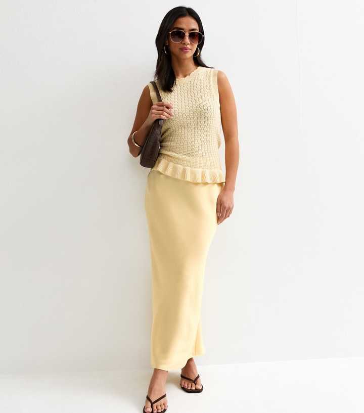 Petite Light Yellow Satin Bias Cut Midi Skirt