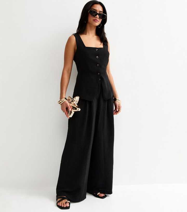 Petite Black Pleated Wide Leg Trousers