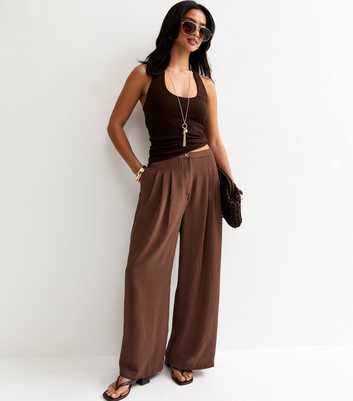 Petite Dark Brown Pleated Wide Leg Trousers