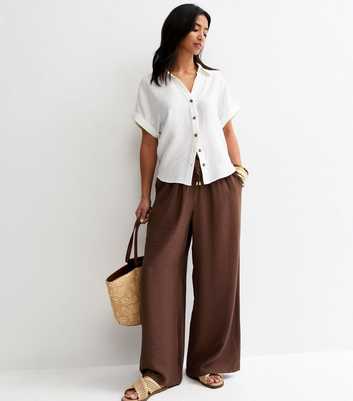 Petite Dark Brown Crinkle Texture Wide Leg Trousers