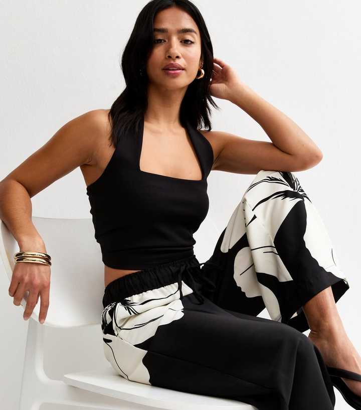 Petite Black Large Floral Print Wide Leg Trousers