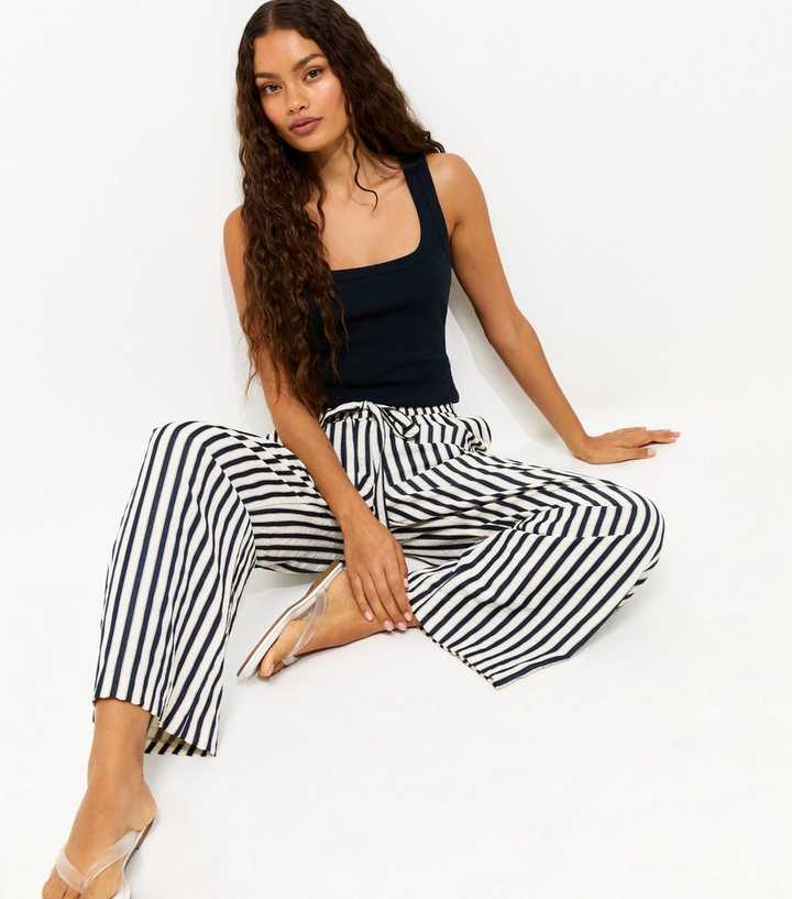 Petite Blue Striped Drawstring Wide Leg Trousers