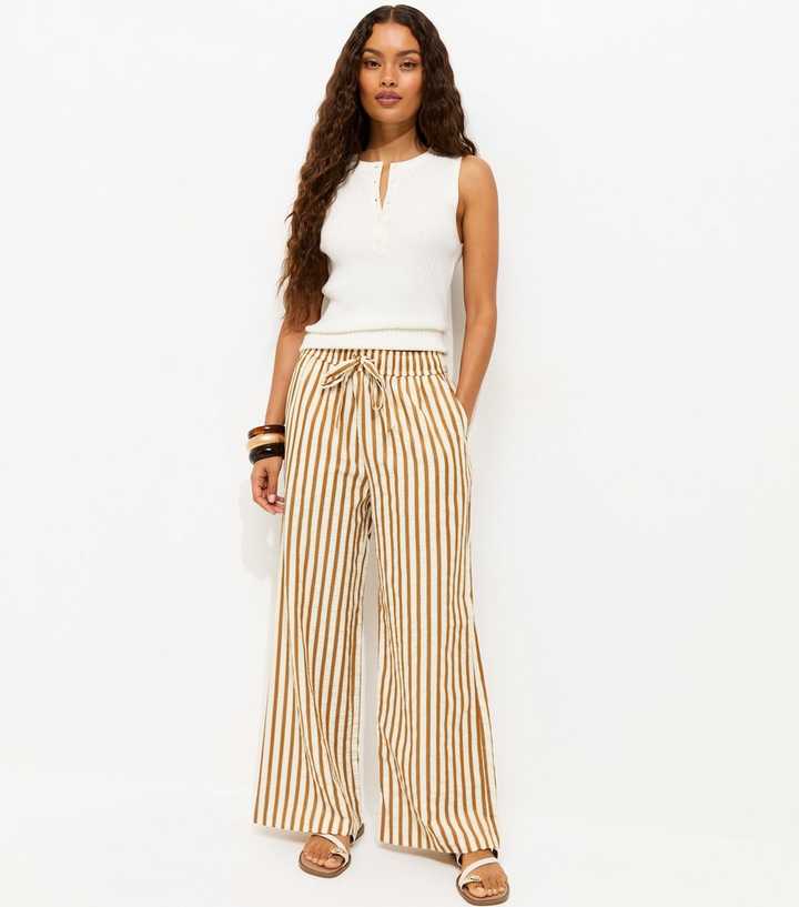 Petite Yellow Striped Drawstring Wide Leg Trousers