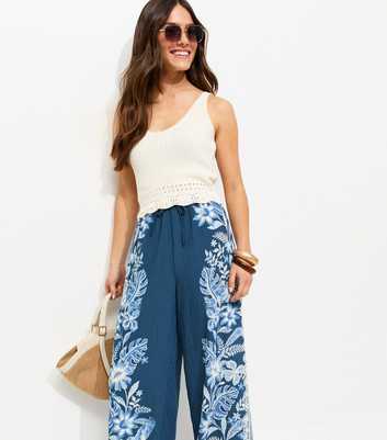 Petite Blue Botanic Print Wide Leg Trousers