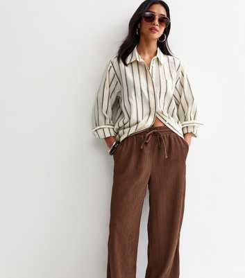 Petite Dark Brown Textured Jersey Wide Leg Trousers