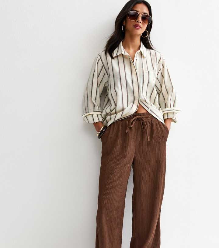 Petite Dark Brown Textured Jersey Wide Leg Trousers