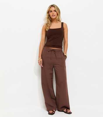 Petite Dark Brown Crinkled Striped Wide Leg Trousers
