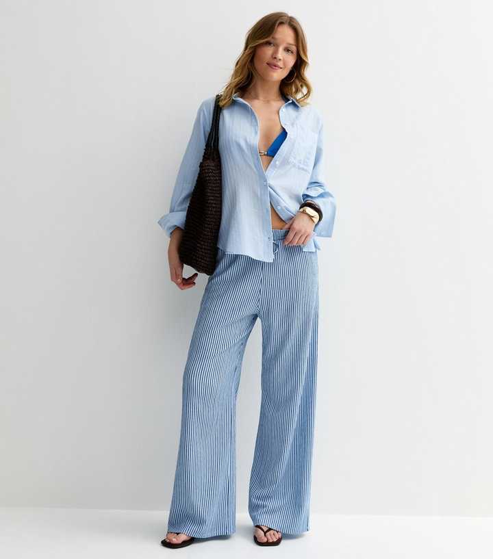 Blue Thin Stripe Crinkle Texture Wide Leg Trousers