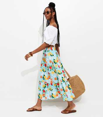 Blue Fruit Print Midi Skirt