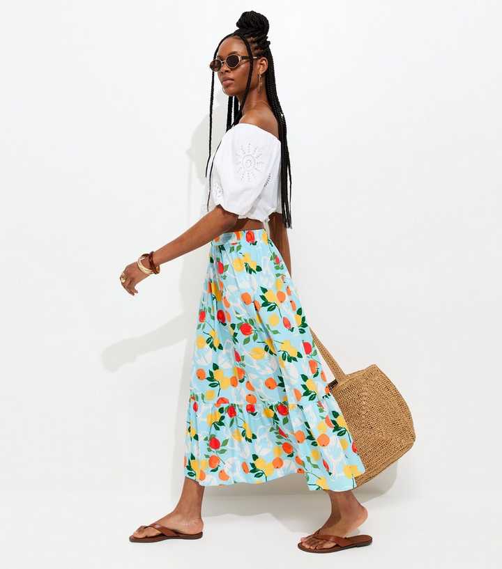 Blue Fruit Print Midi Skirt