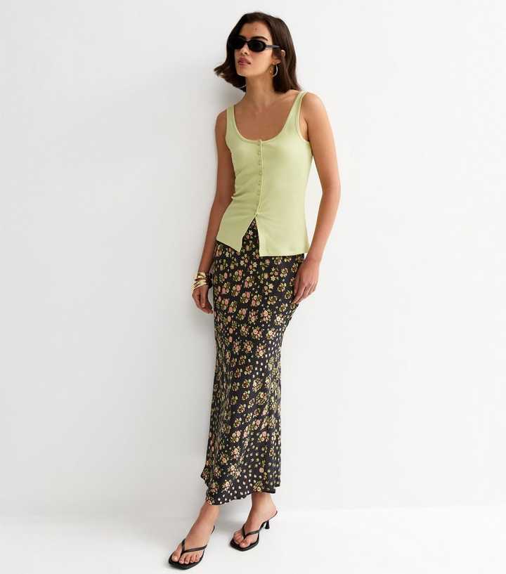 Black Floral Bias Cut Midi Skirt