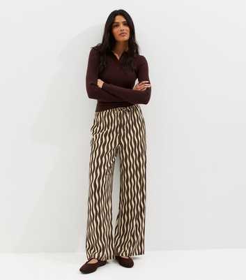 Brown Jersey Wave Patterned Wide Leg Trousers