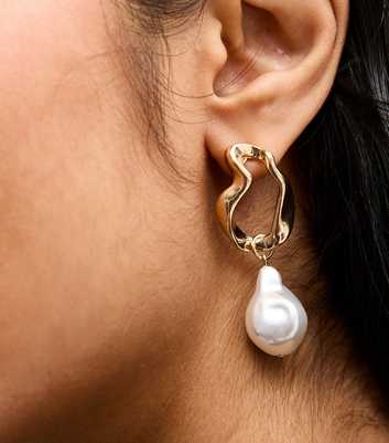 Gold Tone Sculptural Faux Pearl Drop Earrings