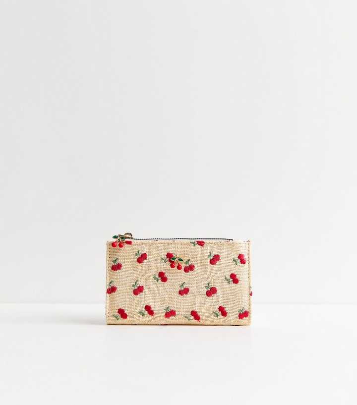 Cream Canvas Embroidered Cherry Purse