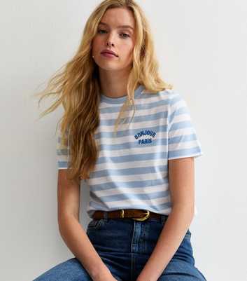 Blue Striped Bonjour Paris Embroidered T-Shirt