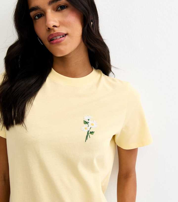 Light Yellow Cotton Embroidered Daisy T-Shirt