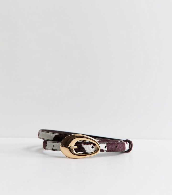 Brown Faux Leather Cow Print Oval Buckle Belt