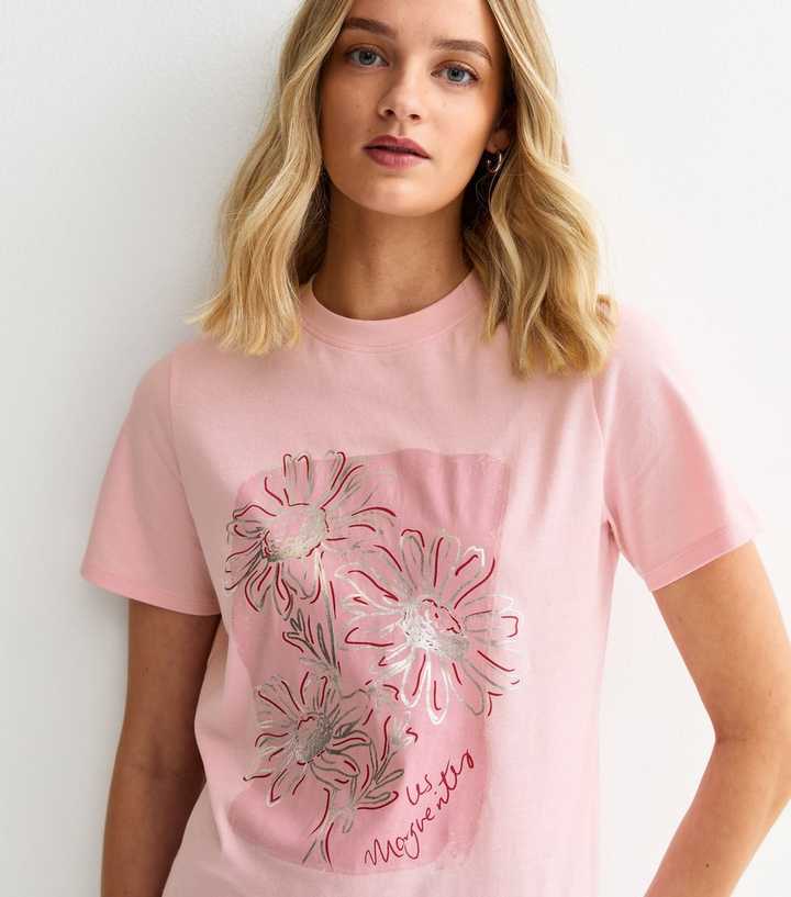 Light Pink Foiled Flower Print T-Shirt