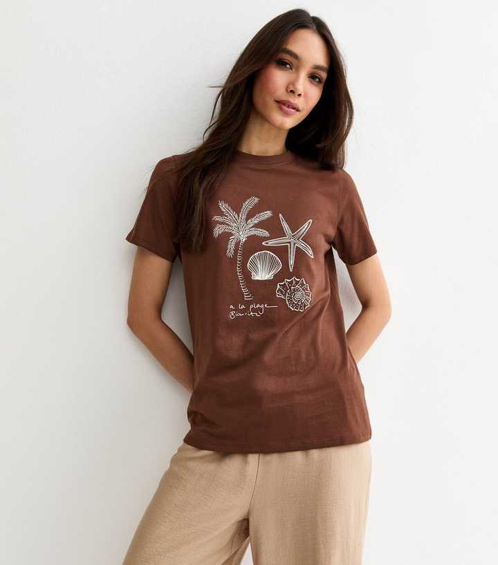 Dark Brown Palm Tree and Shell Print T-Shirt