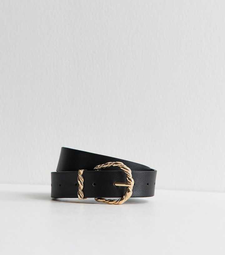 Black Faux Leather Twisted Buckle Belt