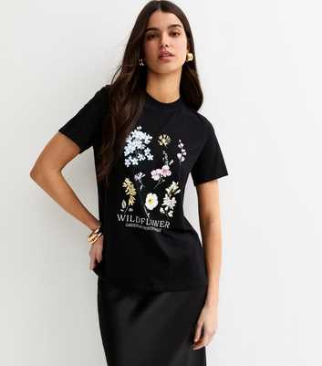 Black Cotton Wildflower Print T-Shirt