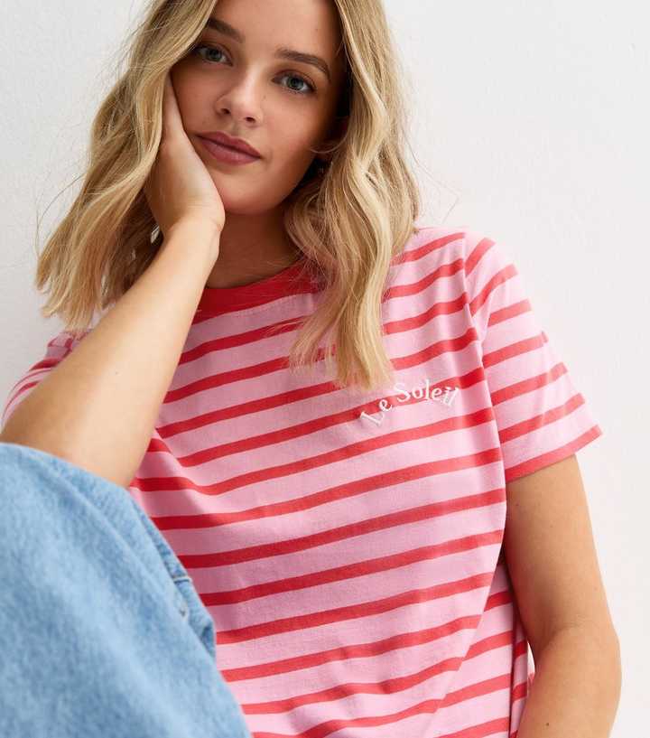 Pink Striped Le Soleil Embroidered T-Shirt