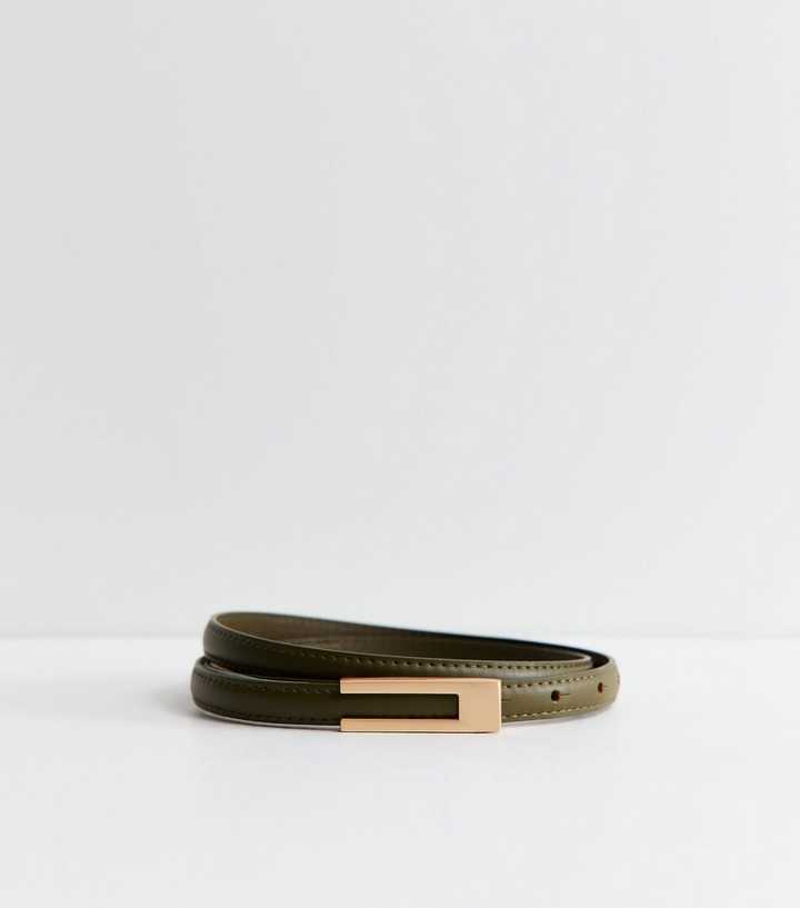 Khaki Faux Leather Rectangle Buckle Skinny Belt