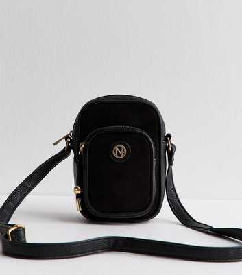 Black Faux Leather Logo Plaque Crossbody Phone Bag