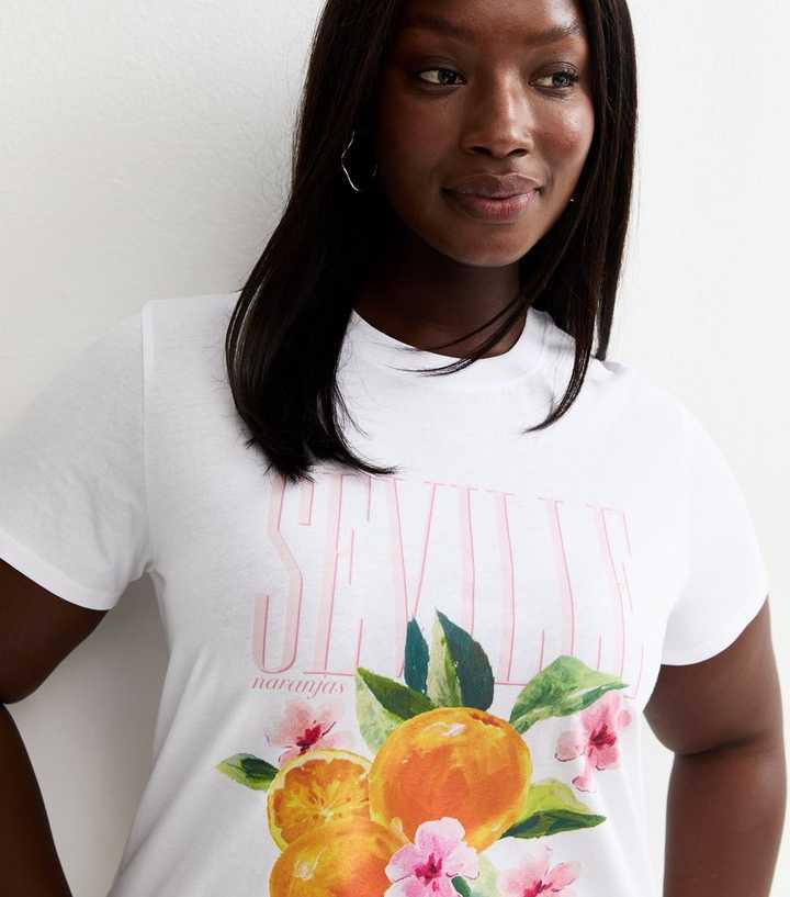 Curves White Seville Orange Print Relaxed T-Shirt