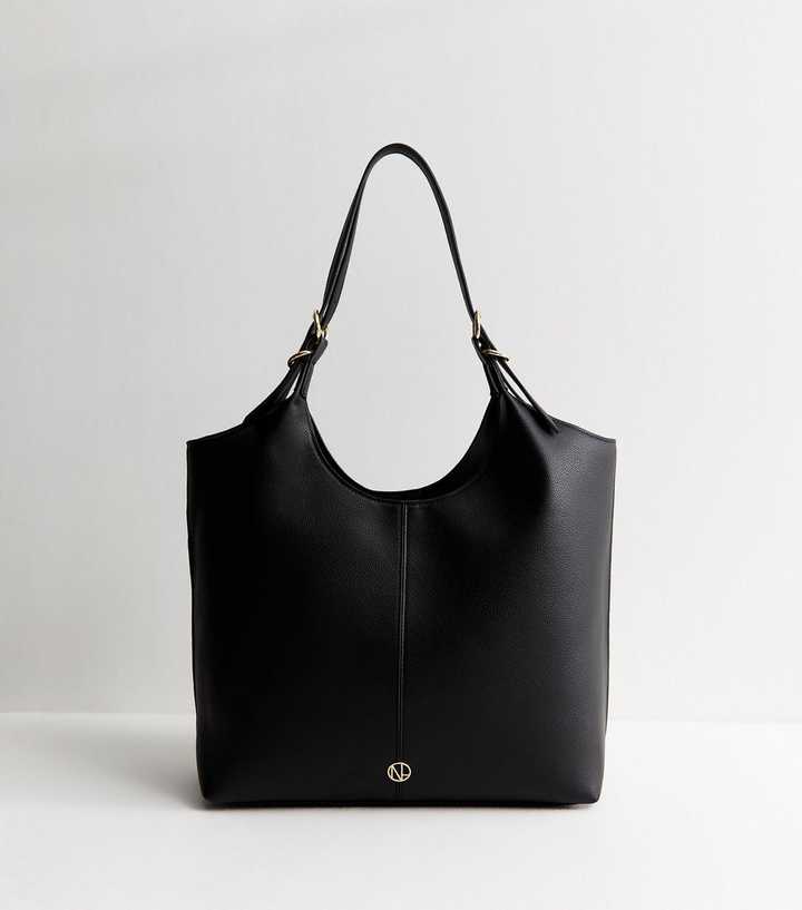Black Faux Leather Soft Scoop Top Tote Bag