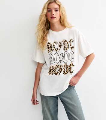 White ACDC Leopard Print Oversized T-Shirt