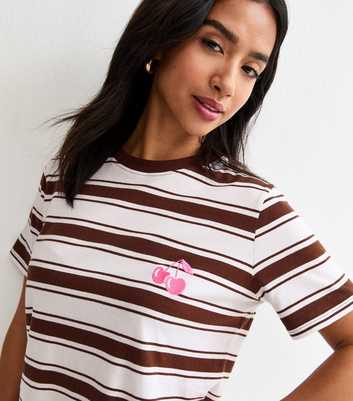 Petite Brown Cotton Striped Embroidered Cherry T-Shirt