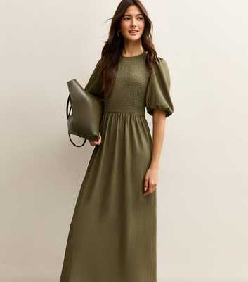 Khaki Textured Jersey Puff Sleeve Smock Midi Dress