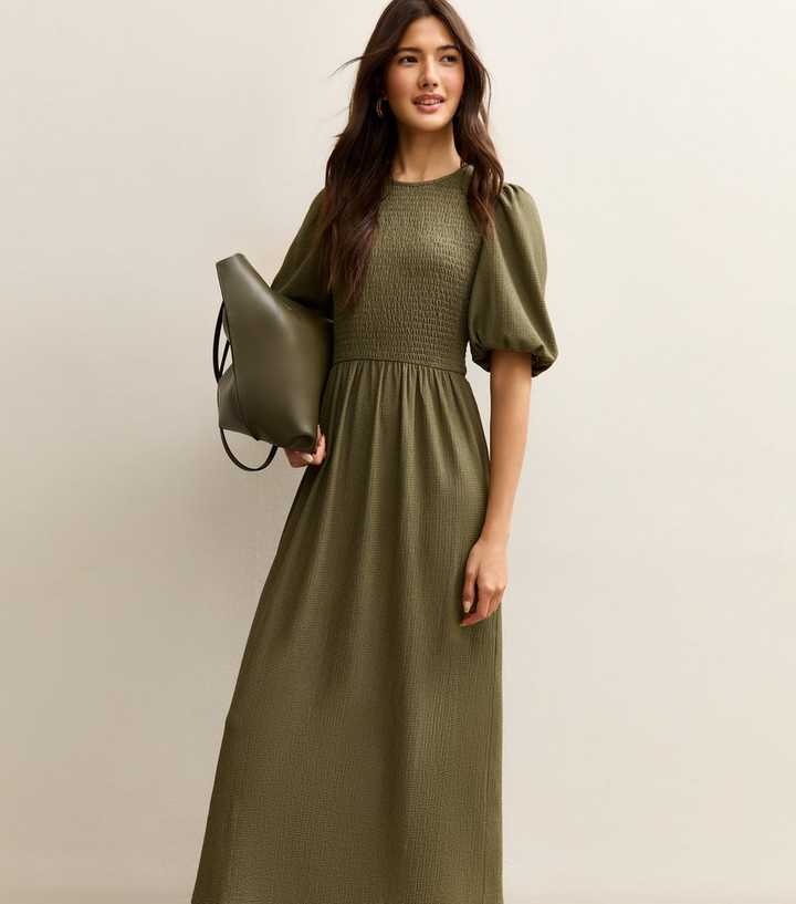 Khaki Textured Jersey Puff Sleeve Smock Midi Dress