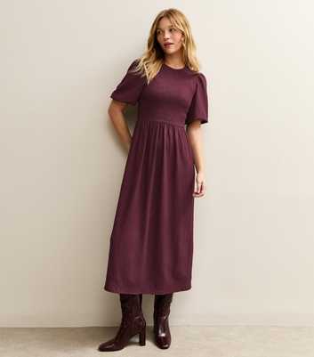 Burgundy Textured Jersey Puff Sleeve Smock Midi Dress