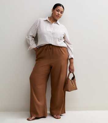Curves Tan Linen Blend Wide Leg Trouser