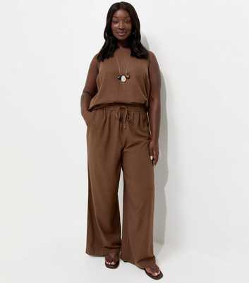 Curves Dark Brown Linen Blend Wide Leg Trousers