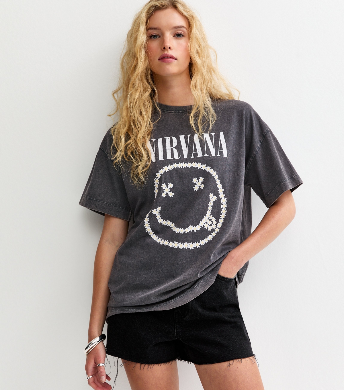 Women's Dark Grey Nirvana Daisy Smiley Oversized T-Shirt New Look