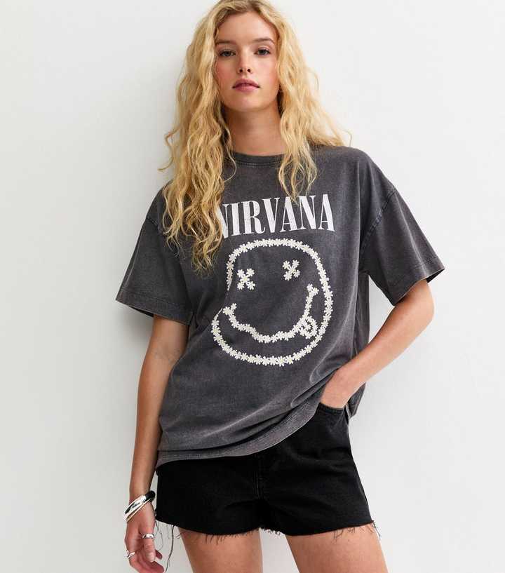 Dark Grey Nirvana Daisy Smiley Oversized T-Shirt