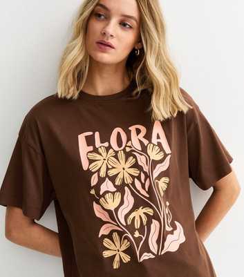 Dark Brown Flora Print Oversized T-Shirt