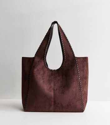 Dark Brown Faux Suede Braided Trim Tote Bag