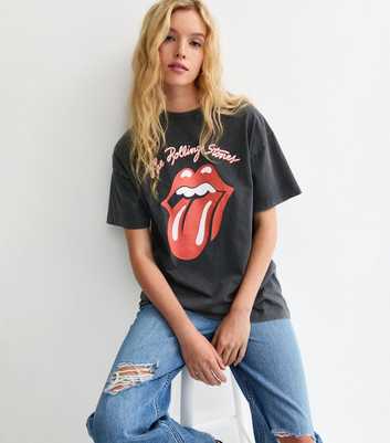 Dark Grey Rolling Stones Lips Print Oversized T-Shirt