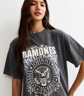 Dark Grey Distressed Effect Ramones Print Oversized T-Shirt