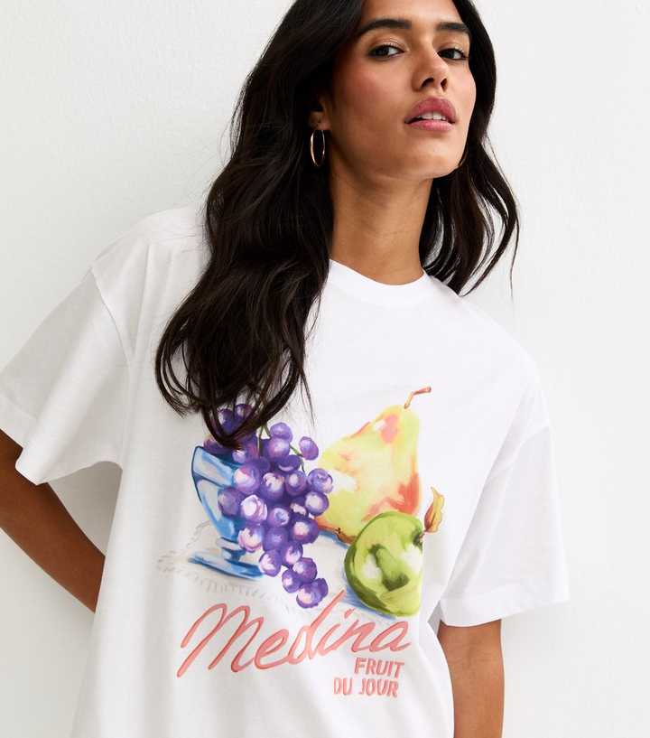White Cotton Fruit Print Oversized T-Shirt